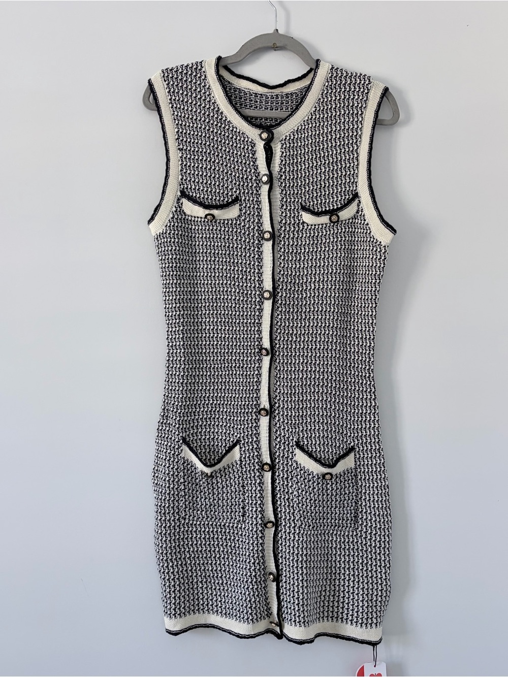 Cider White Dark Navy Crochet Knit Sleeveless Button Down Mini Dress NWT Large